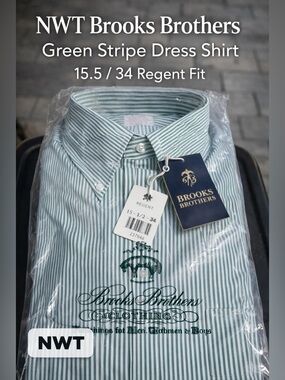Brooks Brothers Green Stripe Dress Shirt 15.5 34 Regent Fit NWT